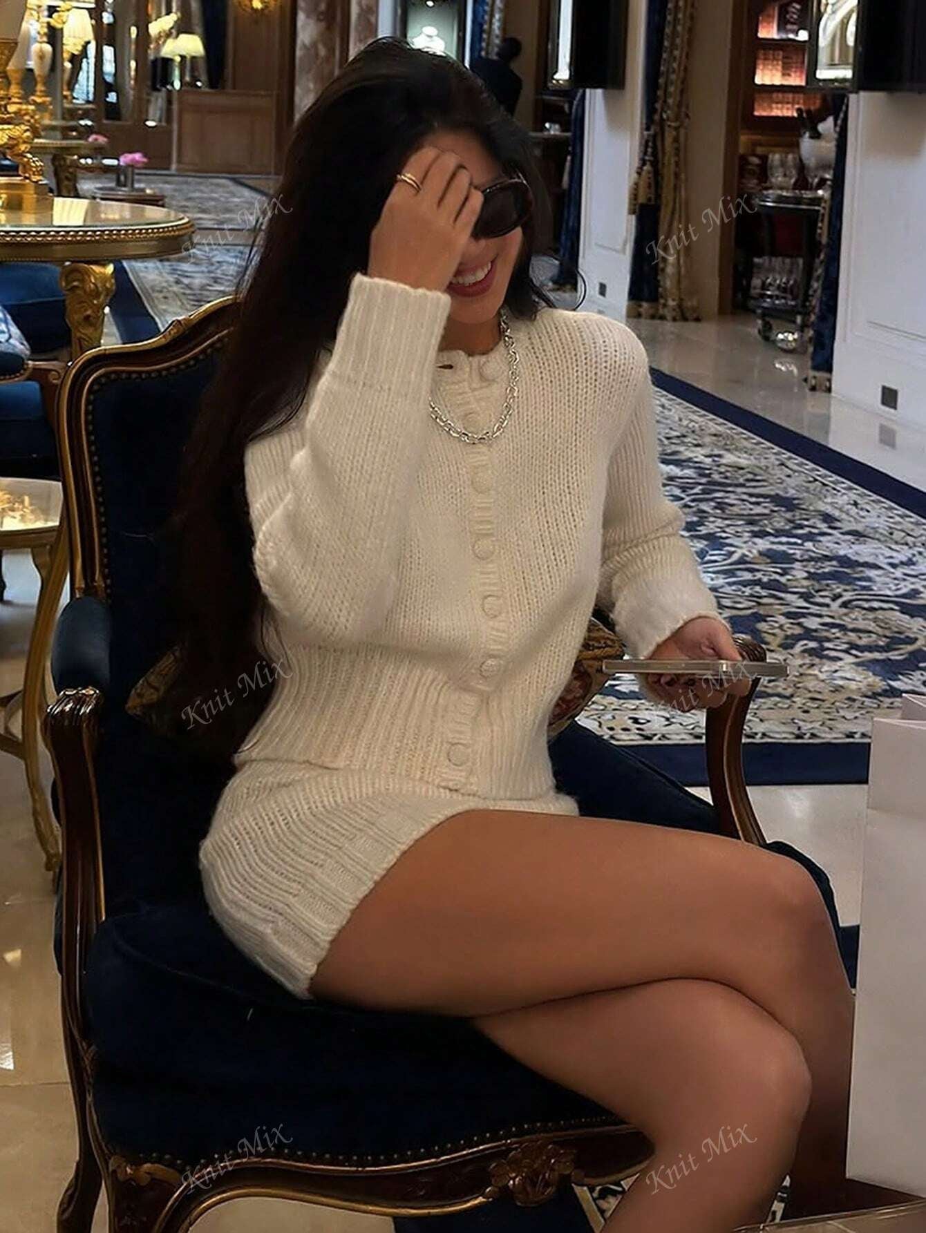 Knit Mix Elegant Women'S Knit Cardigan Set, Versatile Solid Color Long Sleeve Sweater & Half-Length Skirt Two Pieces for Casual Wear