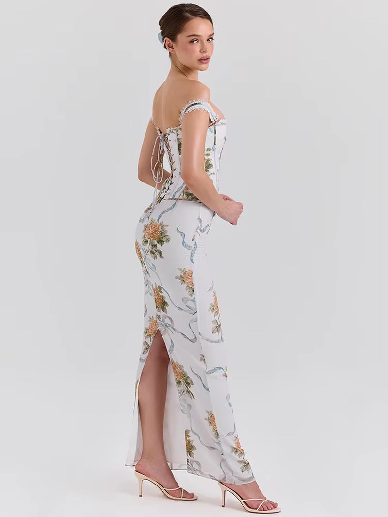 Vintage Print Sexy Maxi Dress Women Gown Summer Off-Shoulder Sleeveless Backless Bodycon Club Party Long Dress Elegant