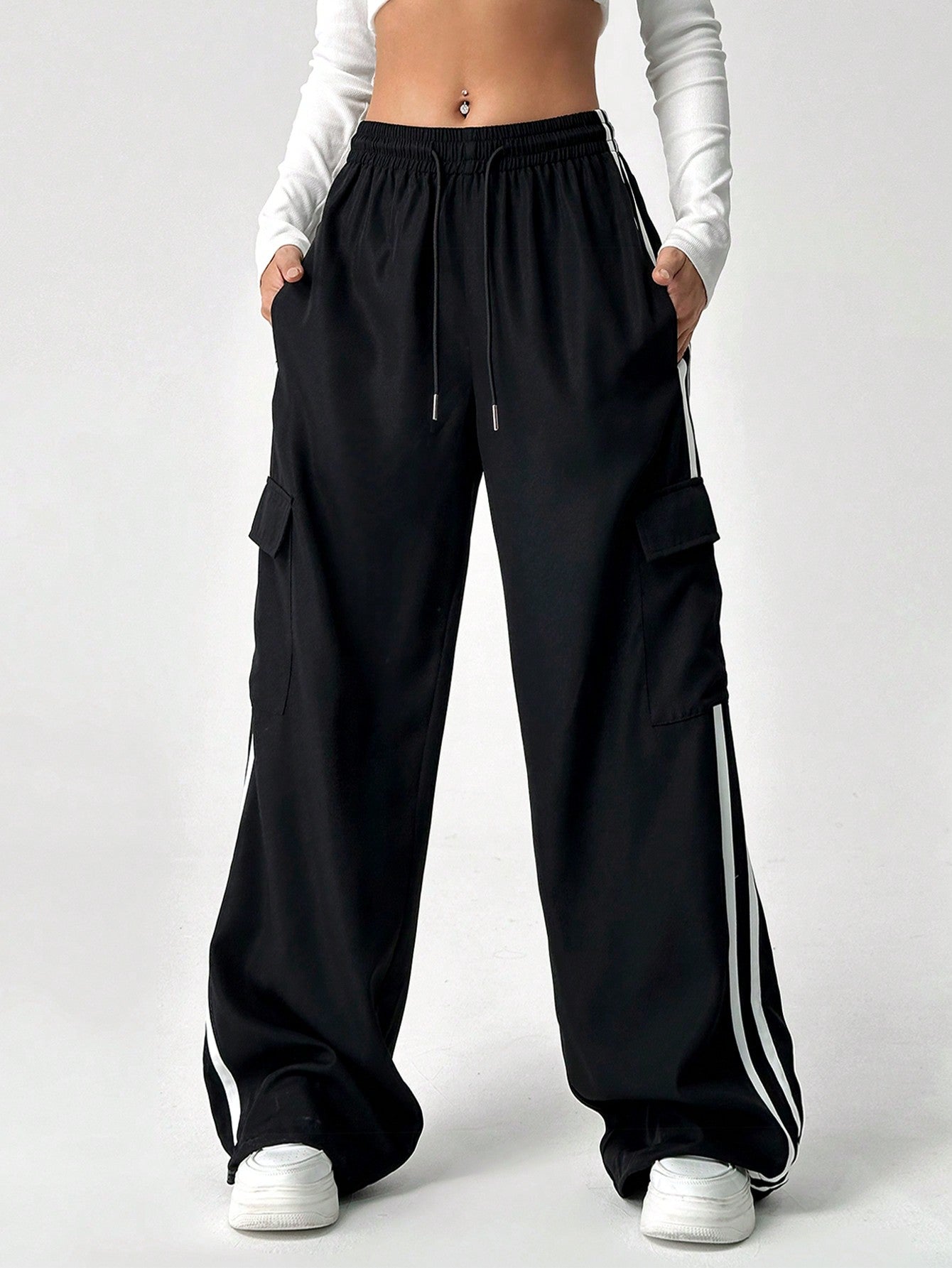 Ezwear Drawstring Waist Striped Side Pocket Pants