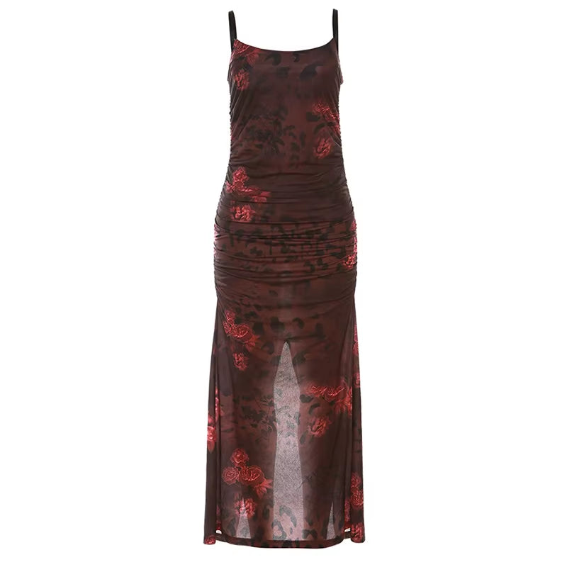 Elegant Spaghetti Strap Print Maxi Dress for Women 2023 Summer New Sleeveless Backless Bodycon Long Dress Vestido
