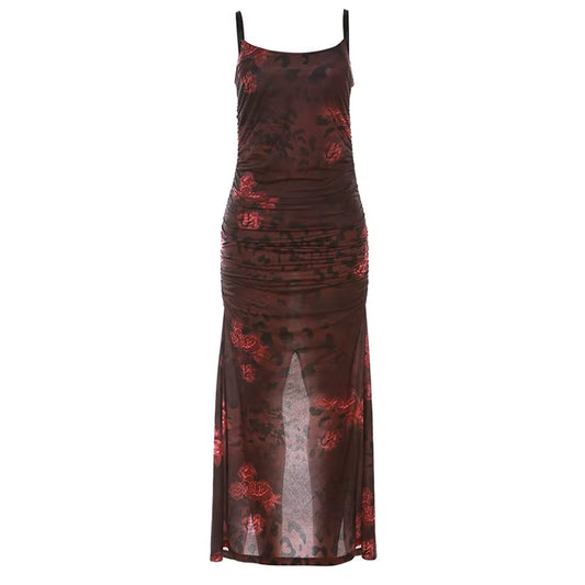 Elegant Spaghetti Strap Print Maxi Dress for Women 2023 Summer New Sleeveless Backless Bodycon Long Dress Vestido