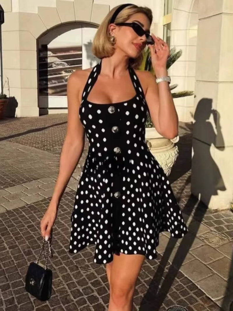 Halter Backless Polka Dot Dress for Women Fashion Square Collar Sleeveless High Waist A-Line Knit Mini Dress Elegant