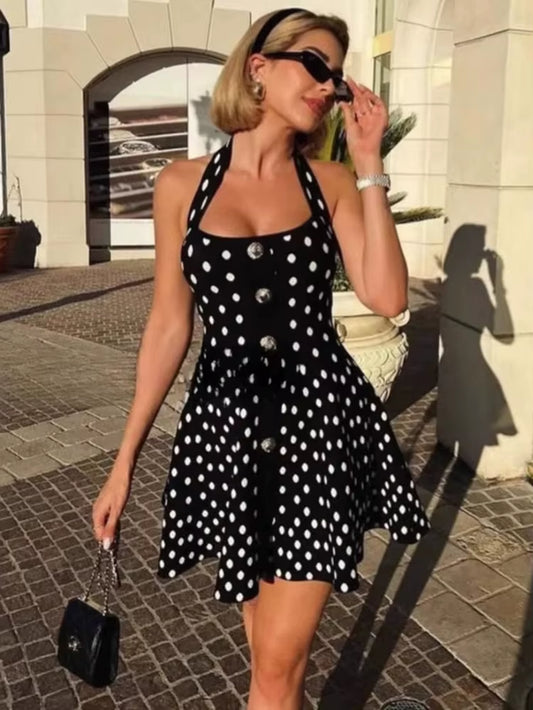 Halter Backless Polka Dot Dress for Women Fashion Square Collar Sleeveless High Waist A-Line Knit Mini Dress Elegant