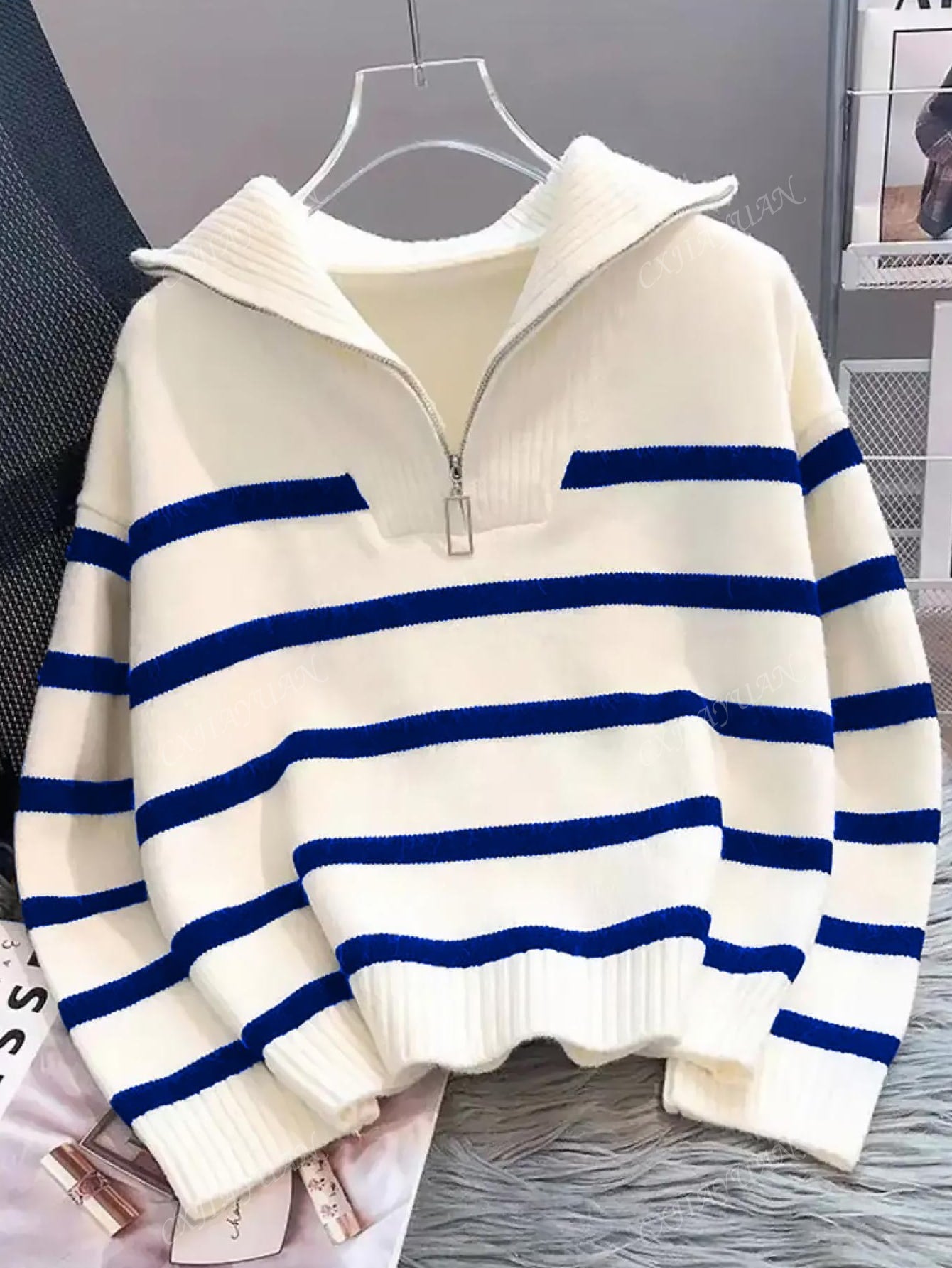 Women'S New Arrival Striped Pullover Sweater, Fashionable High-Quality Simple Zip-Up Warm Knit Top for Autumn and Winter