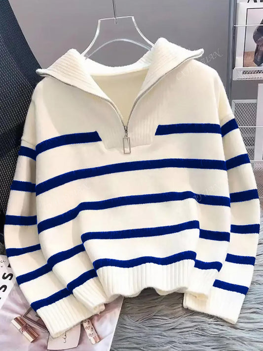 Women'S New Arrival Striped Pullover Sweater, Fashionable High-Quality Simple Zip-Up Warm Knit Top for Autumn and Winter