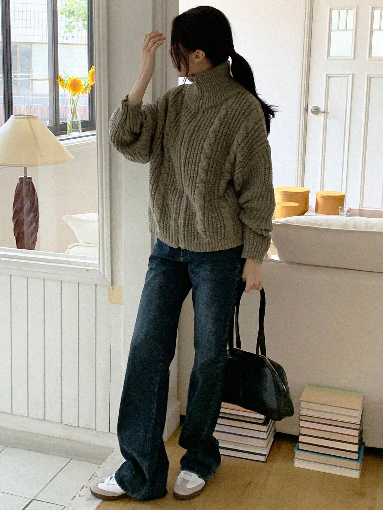 Dazy-Less Drop Shoulder Zipper Front Cardigan,Three Quarter Sleeve Tops Jacket