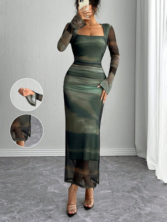 Islaluna Long Sleeve, Split Cuff, Drawcord Waist, U-Neck, Mesh Abstract Print Fitted Dress for Women Maxi Women Outfit Fall Cloth for Women