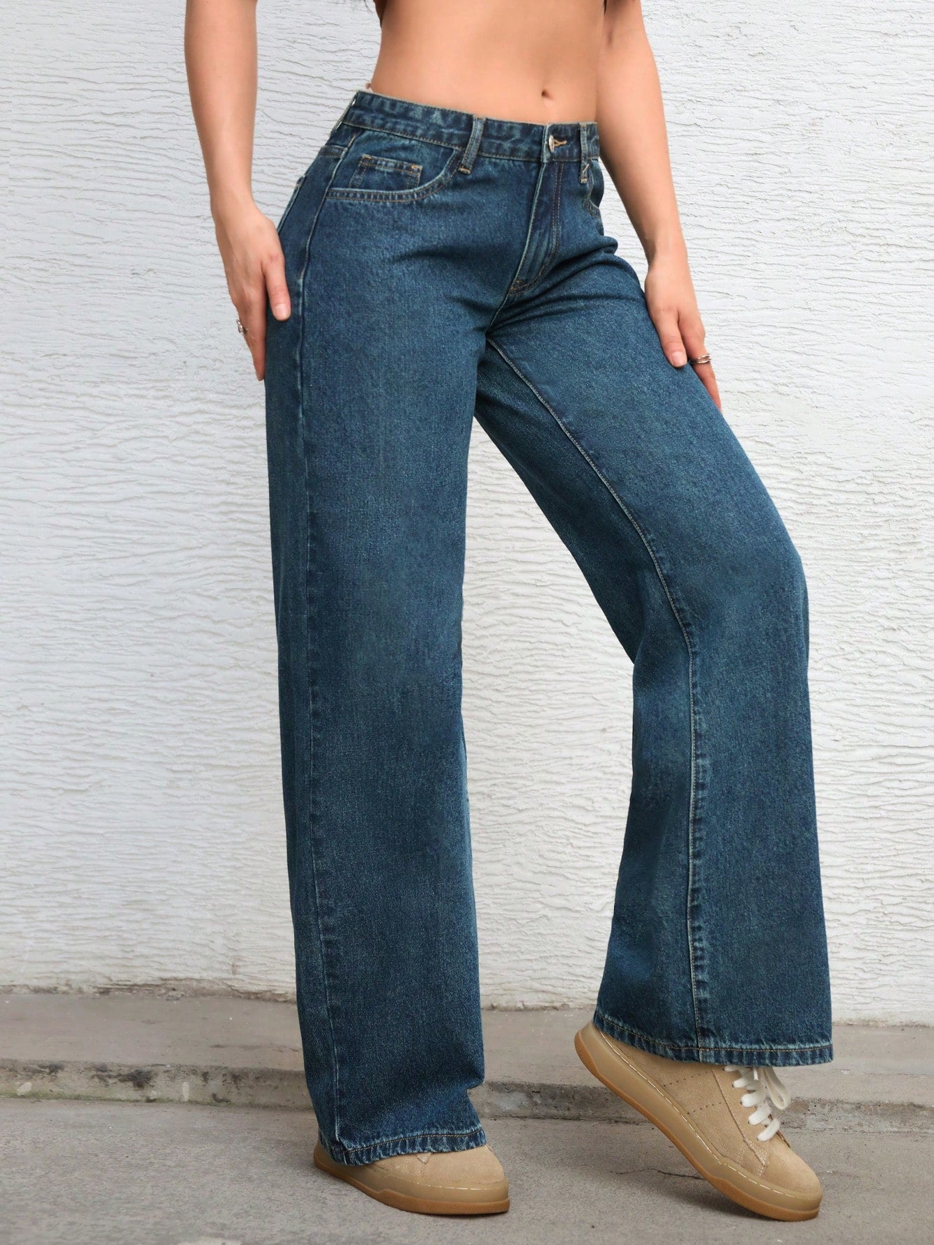 ICON Solid Color Pocket Casual Versatile Wide-Leg Jeans