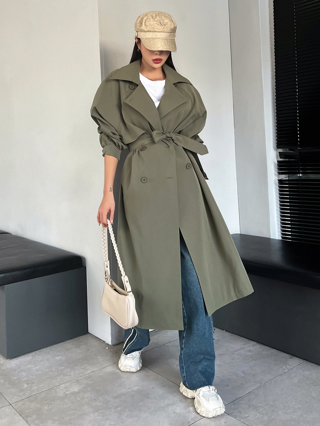 DAZY Raglan Sleeve Double Breasted Trench Coat,Fall Clothes Women Jacket