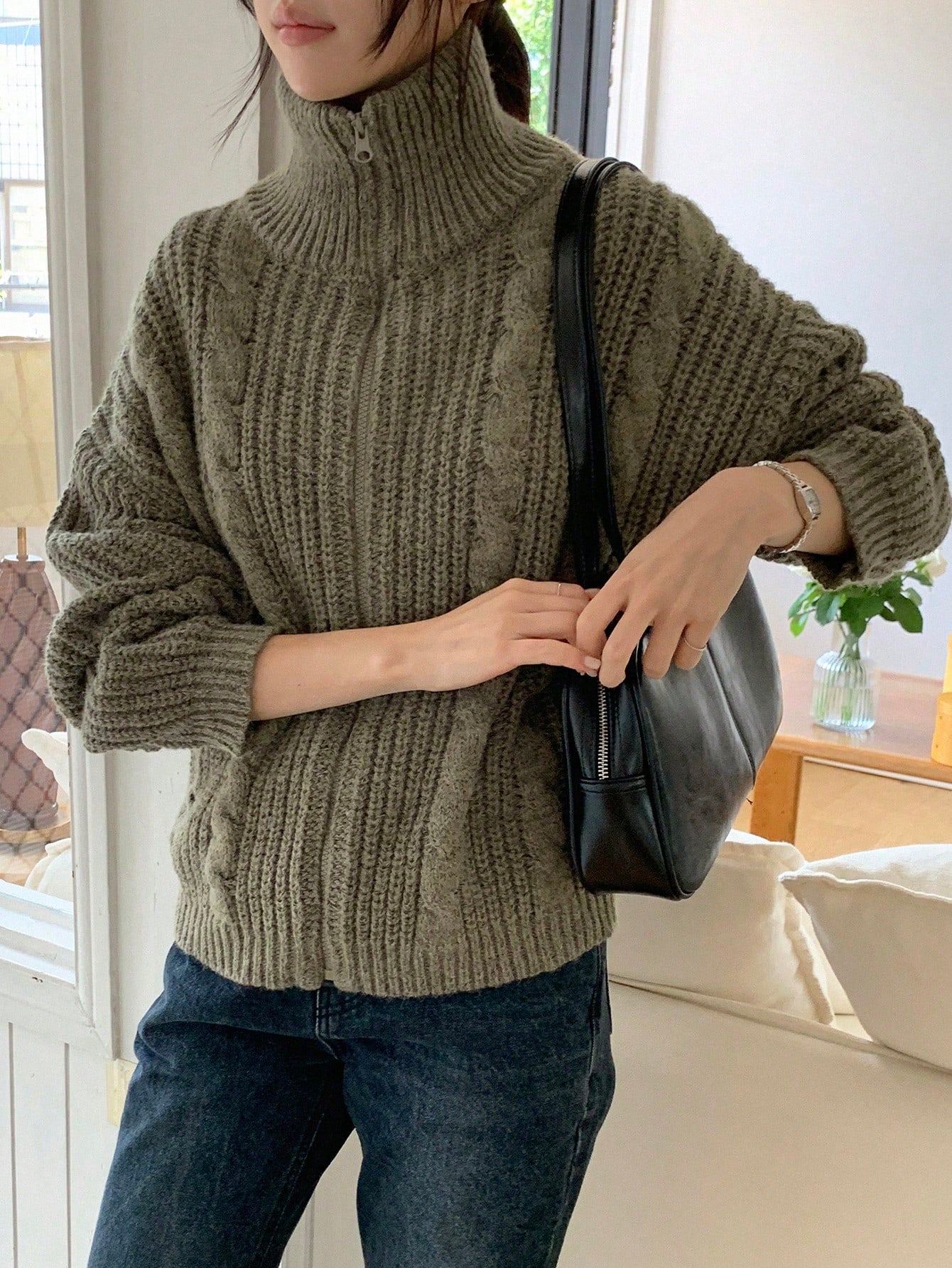 Dazy-Less Drop Shoulder Zipper Front Cardigan,Three Quarter Sleeve Tops Jacket
