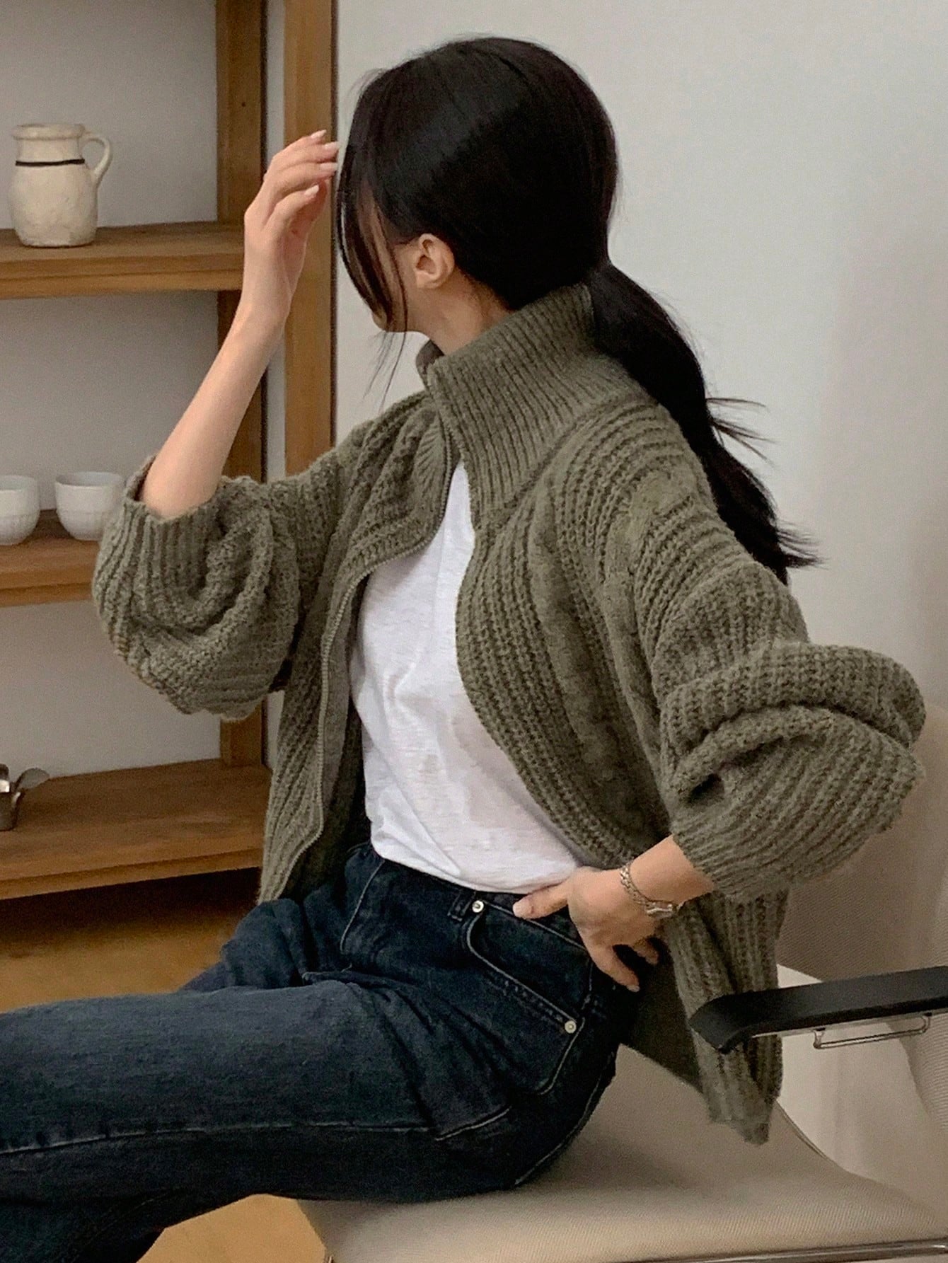 Dazy-Less Drop Shoulder Zipper Front Cardigan,Three Quarter Sleeve Tops Jacket