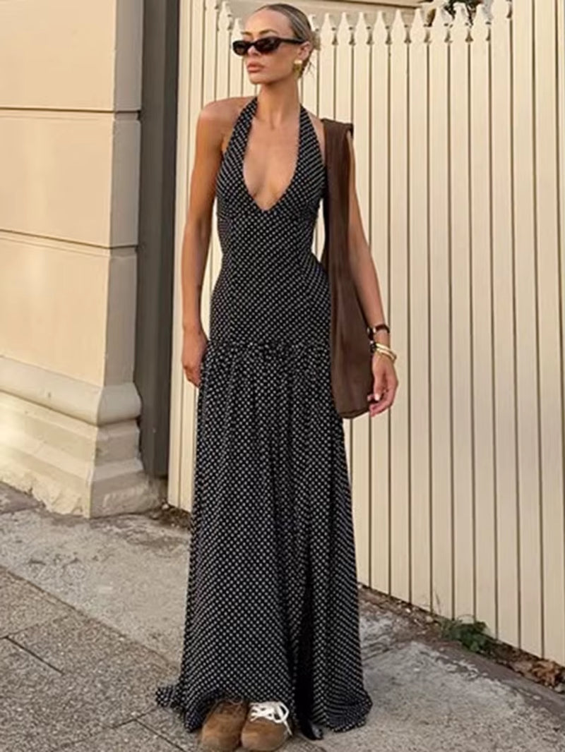 Polka Dot Backless Sexy Maxi Dress Women Fashion Halter Deep V Neck Sleeveless Thigh High Split Bodycon Club Dress