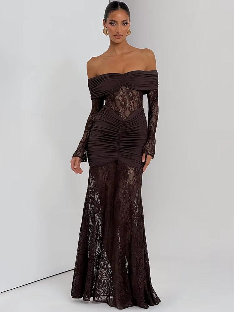 Off-Shoulder Long Sleeve Sexy Maxi Dress Women Fashion Lace See through Strapless Backless Bodycon Club Party Dresses
