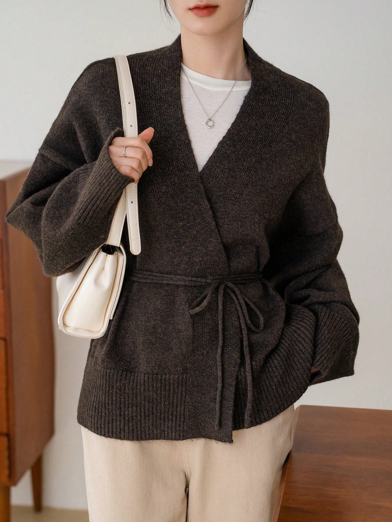 Dazy-Less Drop Shoulder Belted Cardigan,Long Sleeve Tops Old Money Style Business Casual Woman Work Clothes