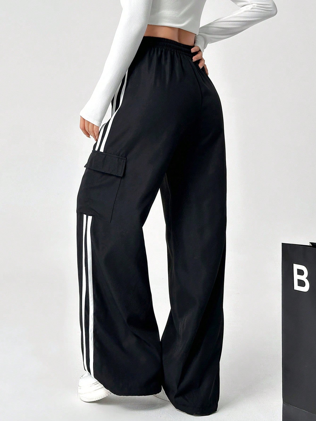 Ezwear Drawstring Waist Striped Side Pocket Pants