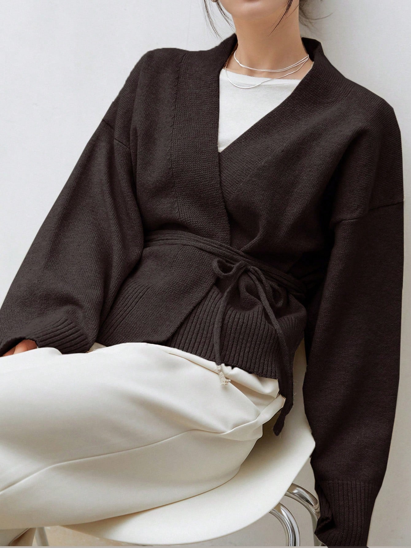 Dazy-Less Drop Shoulder Belted Cardigan,Long Sleeve Tops Old Money Style Business Casual Woman Work Clothes