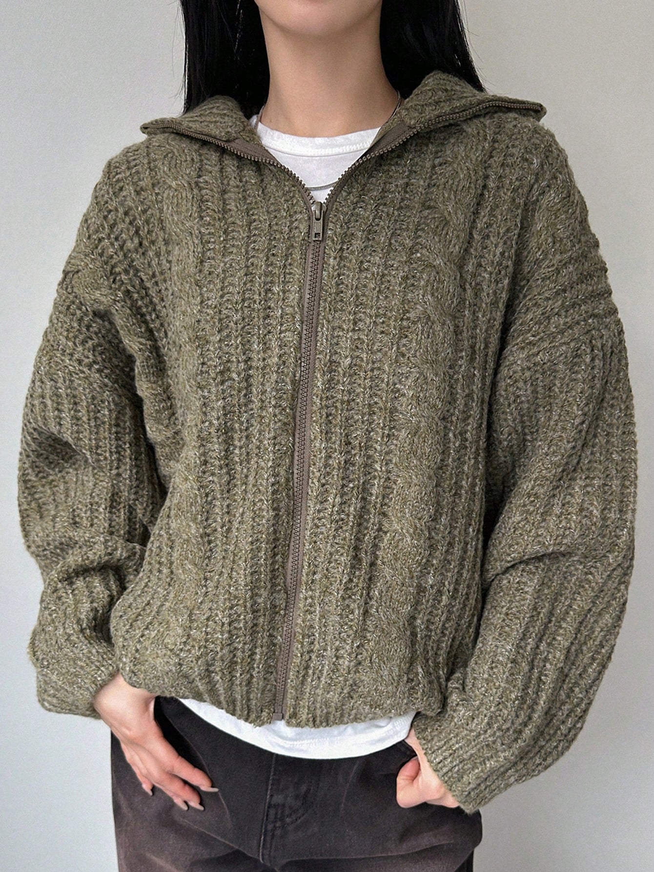 Dazy-Less Drop Shoulder Zipper Front Cardigan,Three Quarter Sleeve Tops Jacket
