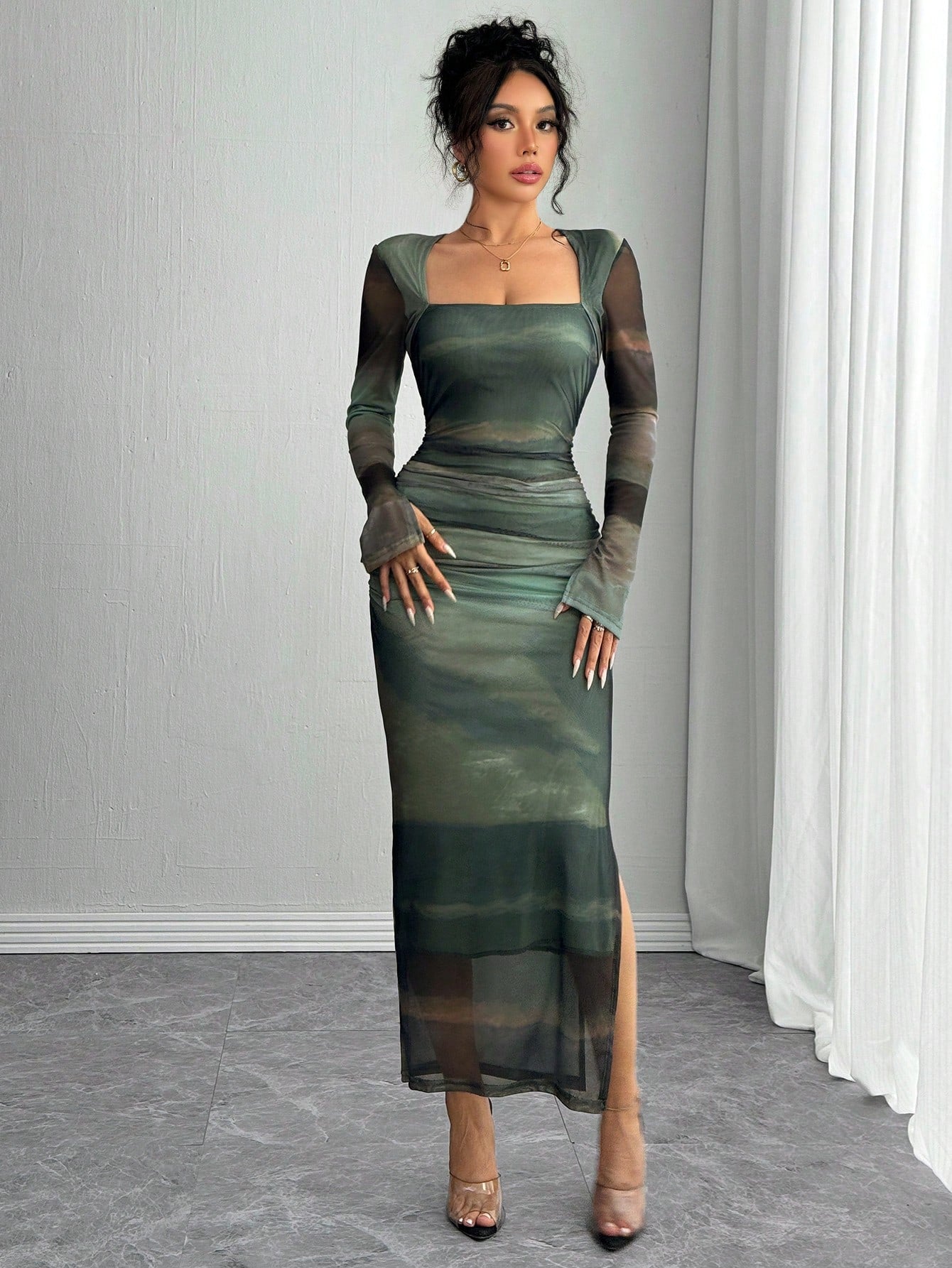 Islaluna Long Sleeve, Split Cuff, Drawcord Waist, U-Neck, Mesh Abstract Print Fitted Dress for Women Maxi Women Outfit Fall Cloth for Women