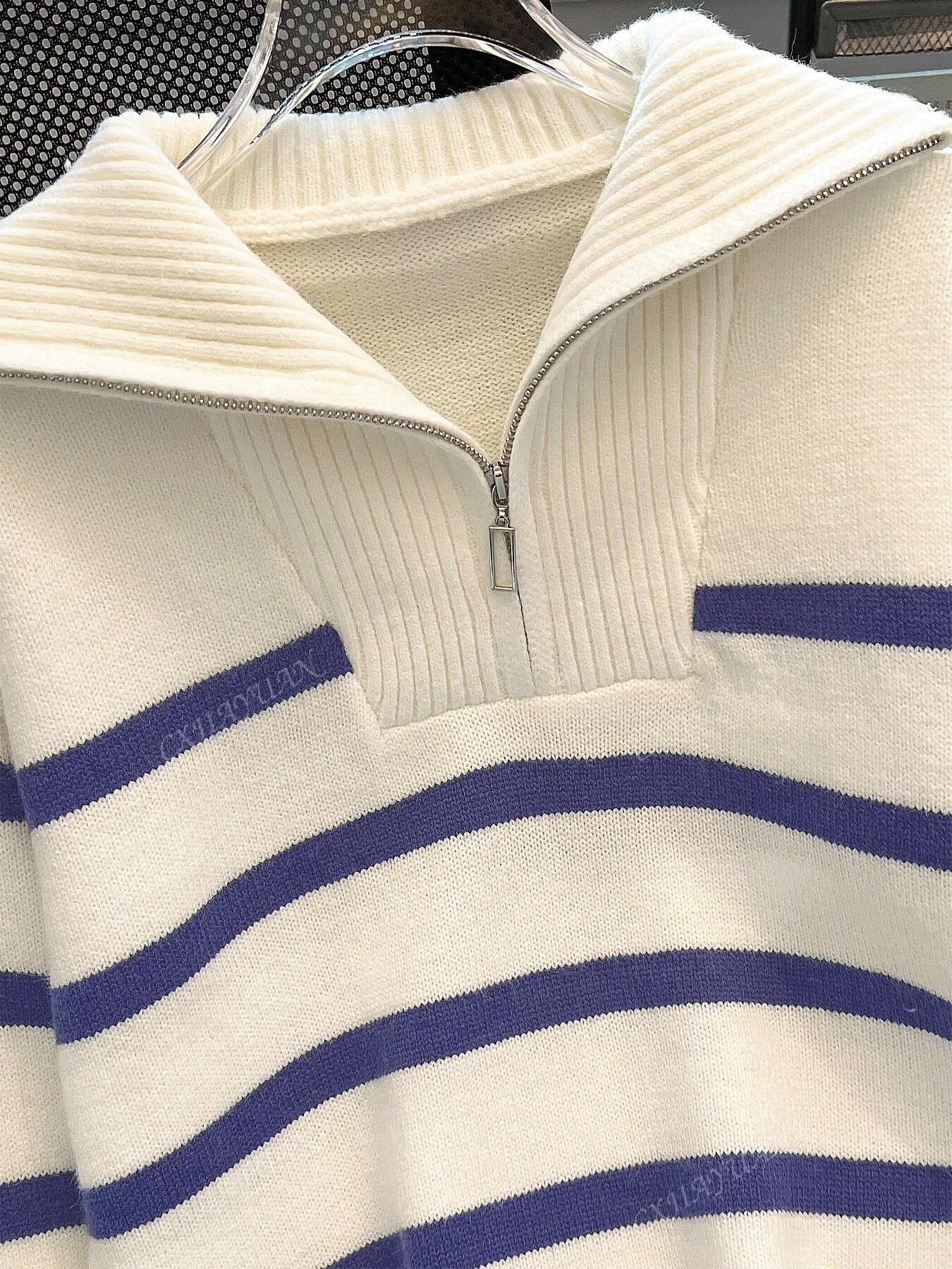 Women'S New Arrival Striped Pullover Sweater, Fashionable High-Quality Simple Zip-Up Warm Knit Top for Autumn and Winter