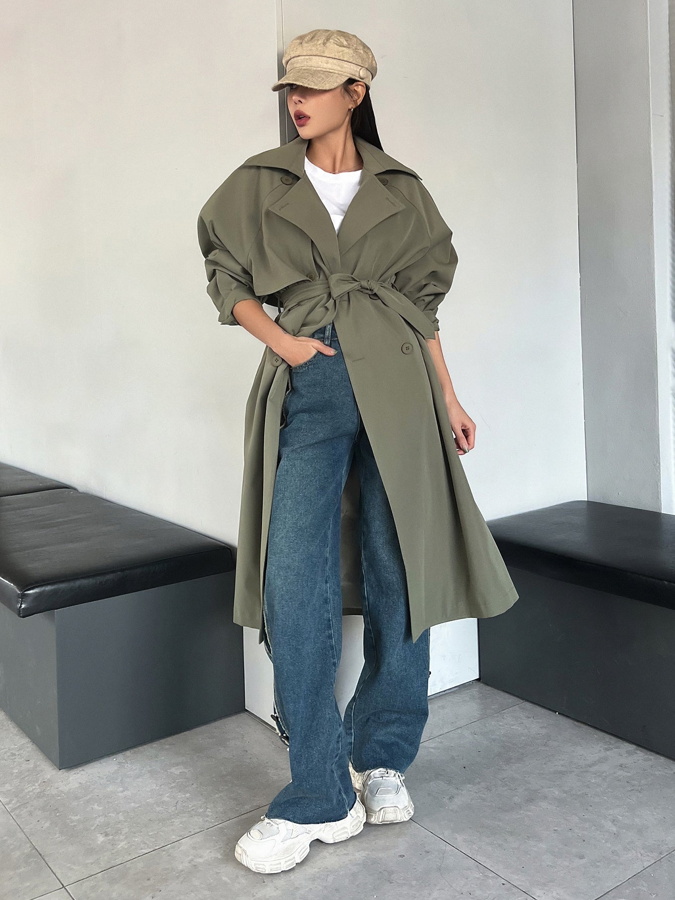 DAZY Raglan Sleeve Double Breasted Trench Coat,Fall Clothes Women Jacket