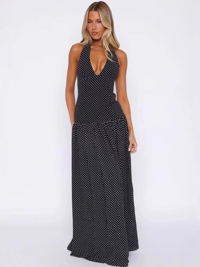 Polka Dot Backless Sexy Maxi Dress Women Fashion Halter Deep V Neck Sleeveless Thigh High Split Bodycon Club Dress