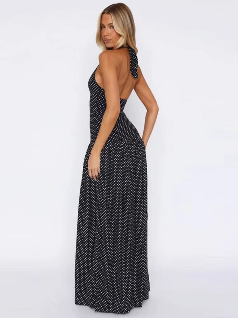 Polka Dot Backless Sexy Maxi Dress Women Fashion Halter Deep V Neck Sleeveless Thigh High Split Bodycon Club Dress