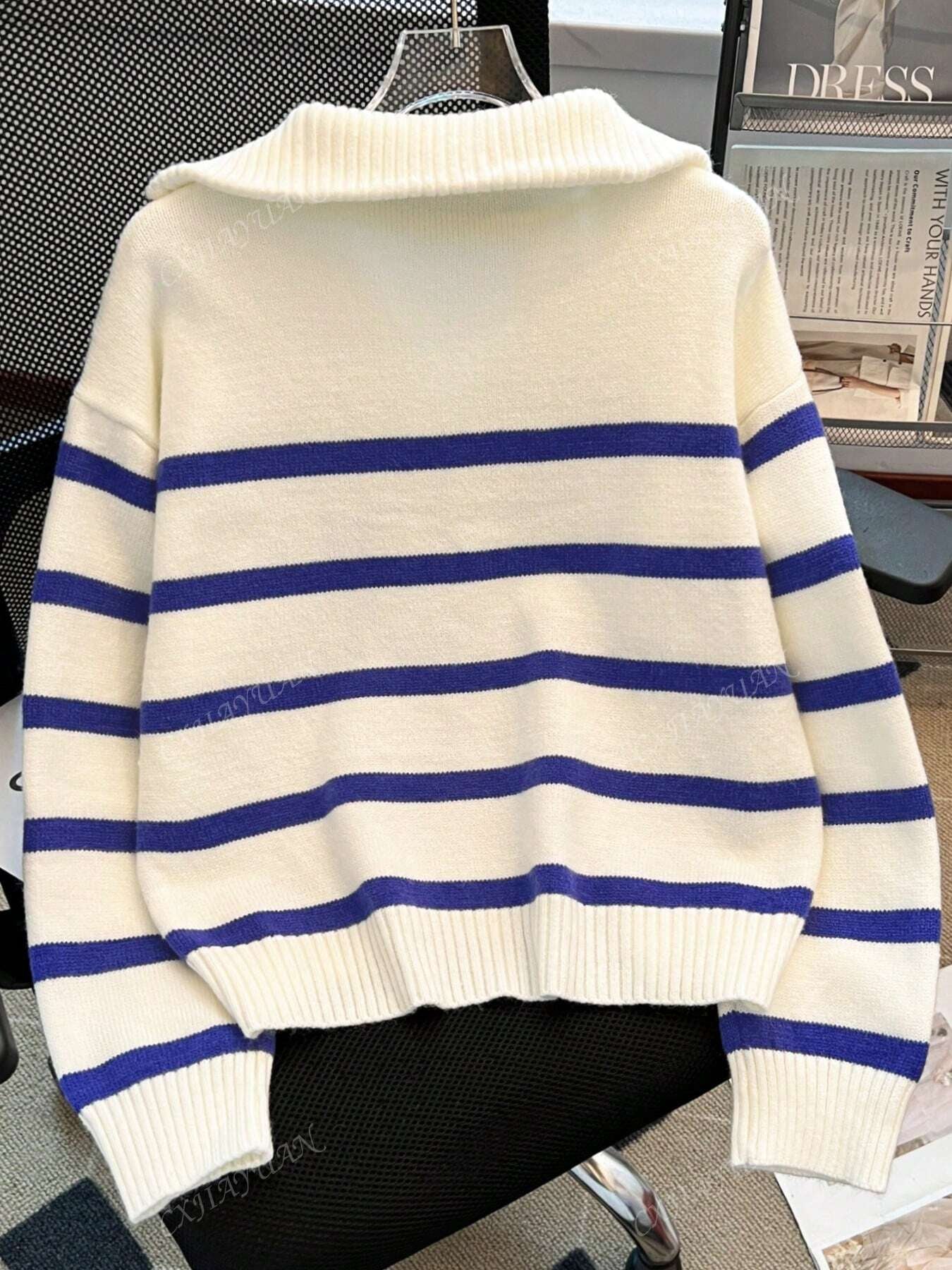 Women'S New Arrival Striped Pullover Sweater, Fashionable High-Quality Simple Zip-Up Warm Knit Top for Autumn and Winter