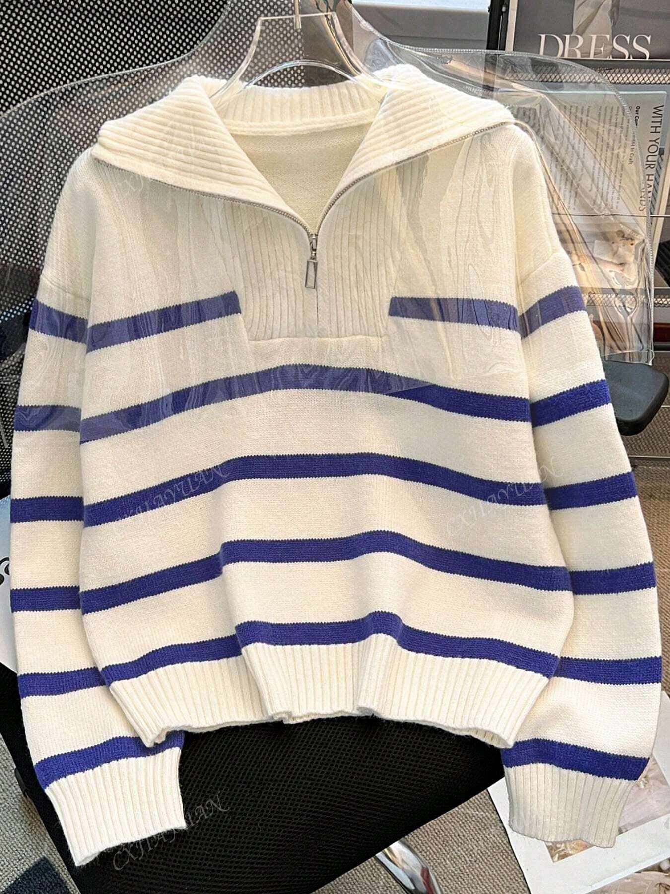 Women'S New Arrival Striped Pullover Sweater, Fashionable High-Quality Simple Zip-Up Warm Knit Top for Autumn and Winter