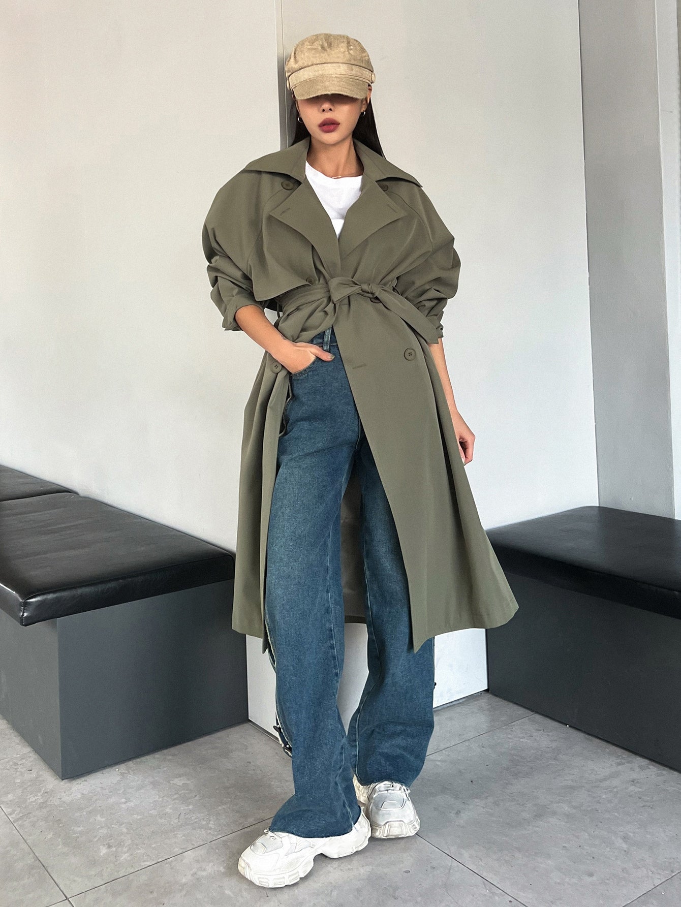 DAZY Raglan Sleeve Double Breasted Trench Coat,Fall Clothes Women Jacket