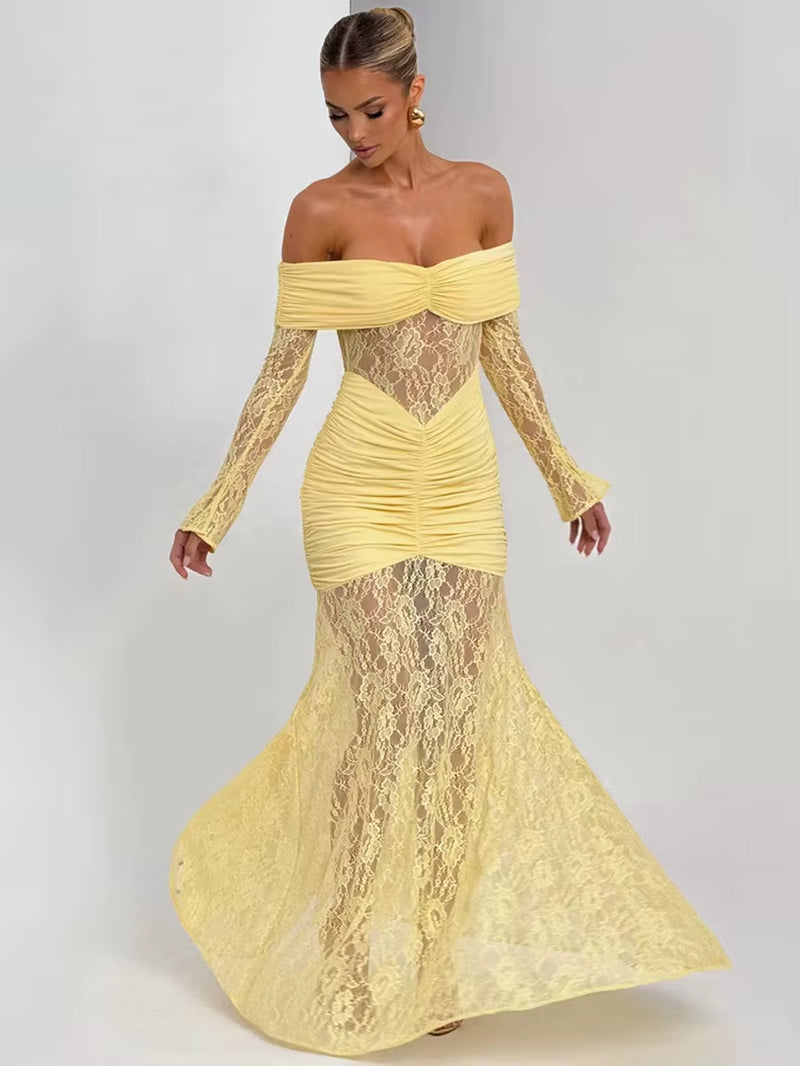 Off-Shoulder Long Sleeve Sexy Maxi Dress Women Fashion Lace See through Strapless Backless Bodycon Club Party Dresses