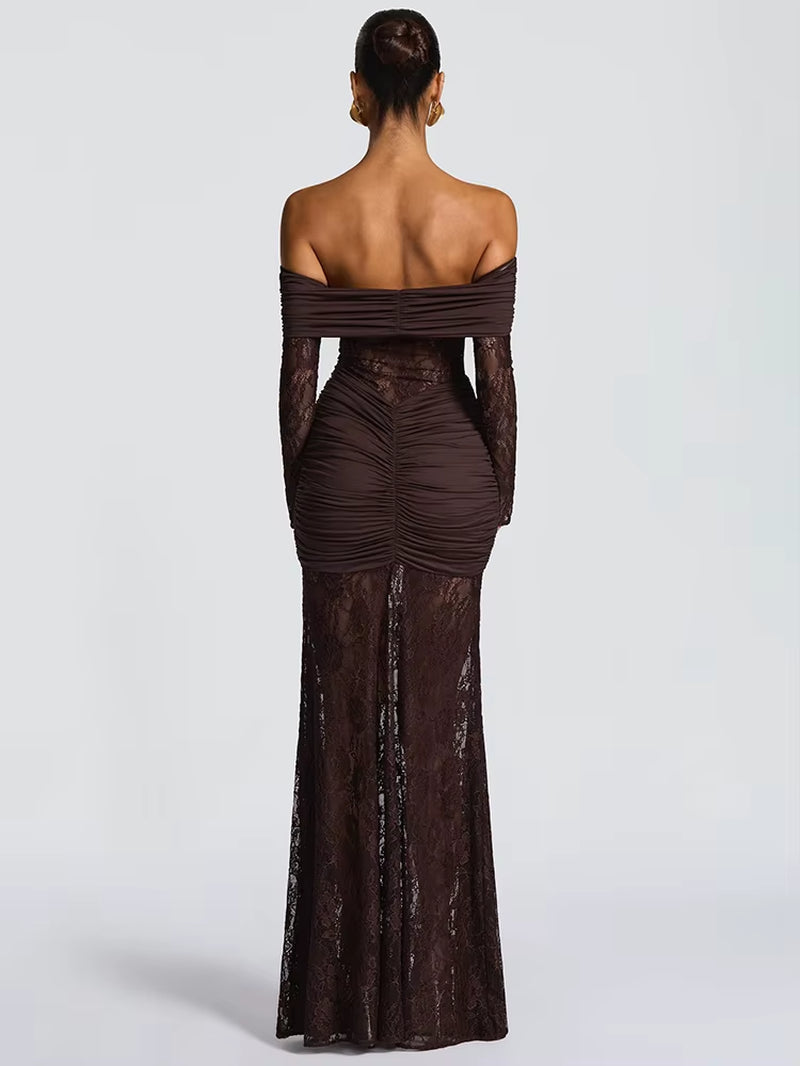 Off-Shoulder Long Sleeve Sexy Maxi Dress Women Fashion Lace See through Strapless Backless Bodycon Club Party Dresses