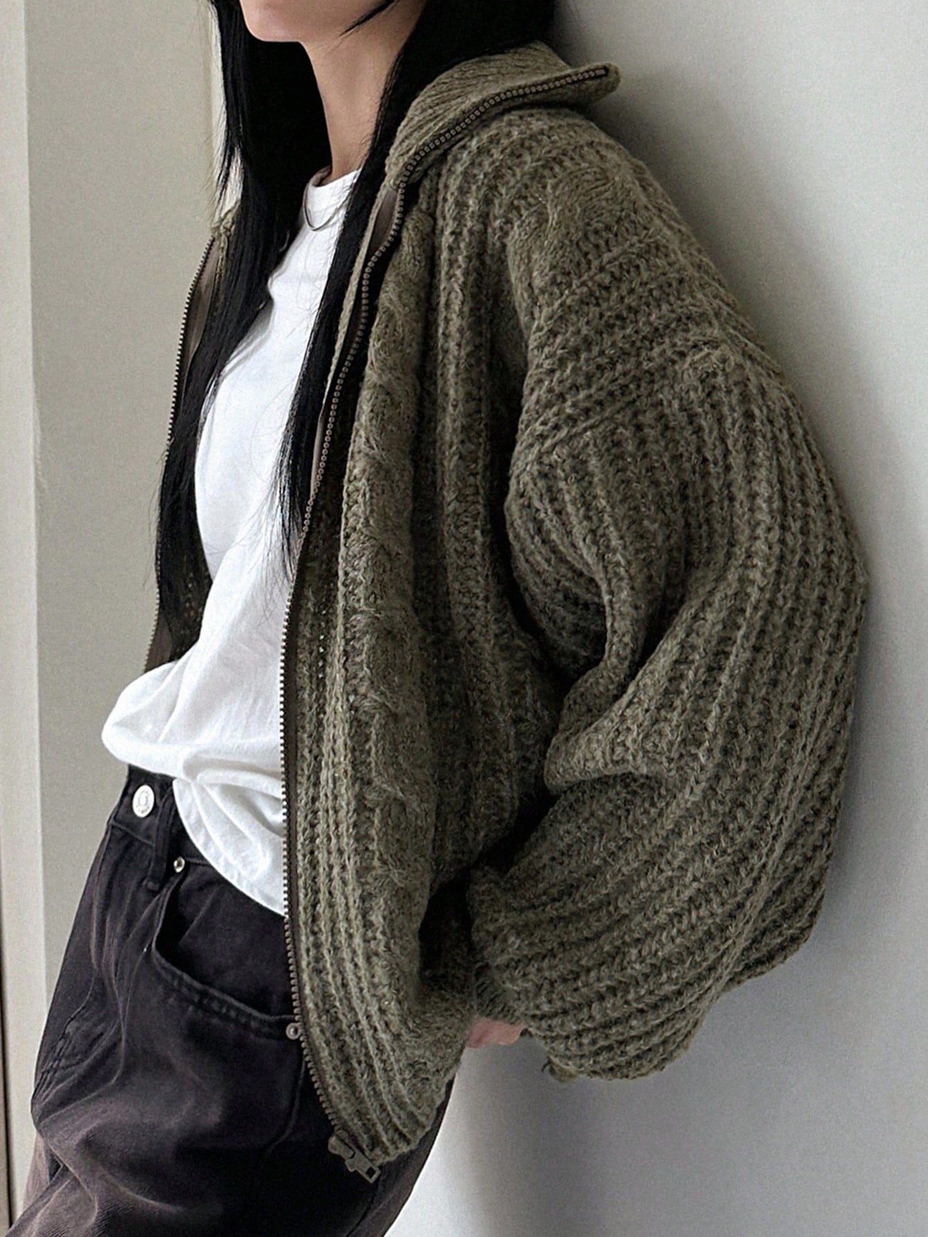 Dazy-Less Drop Shoulder Zipper Front Cardigan,Three Quarter Sleeve Tops Jacket