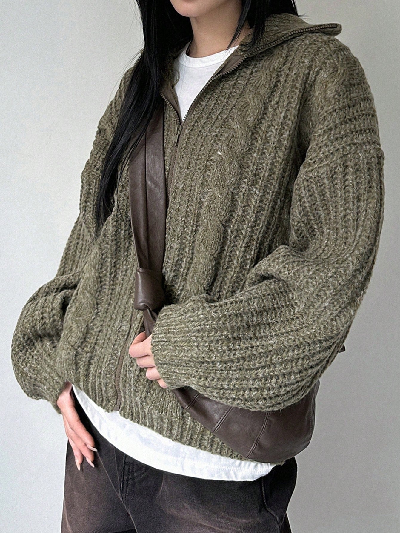 Dazy-Less Drop Shoulder Zipper Front Cardigan,Three Quarter Sleeve Tops Jacket