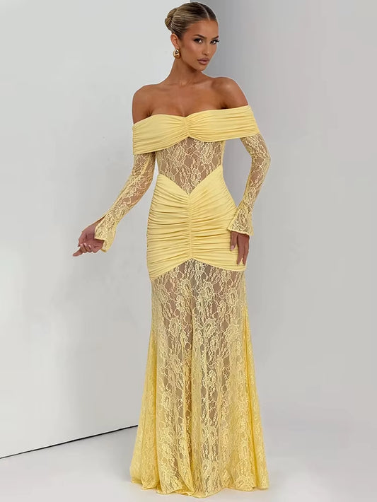 Off-Shoulder Long Sleeve Sexy Maxi Dress Women Fashion Lace See through Strapless Backless Bodycon Club Party Dresses