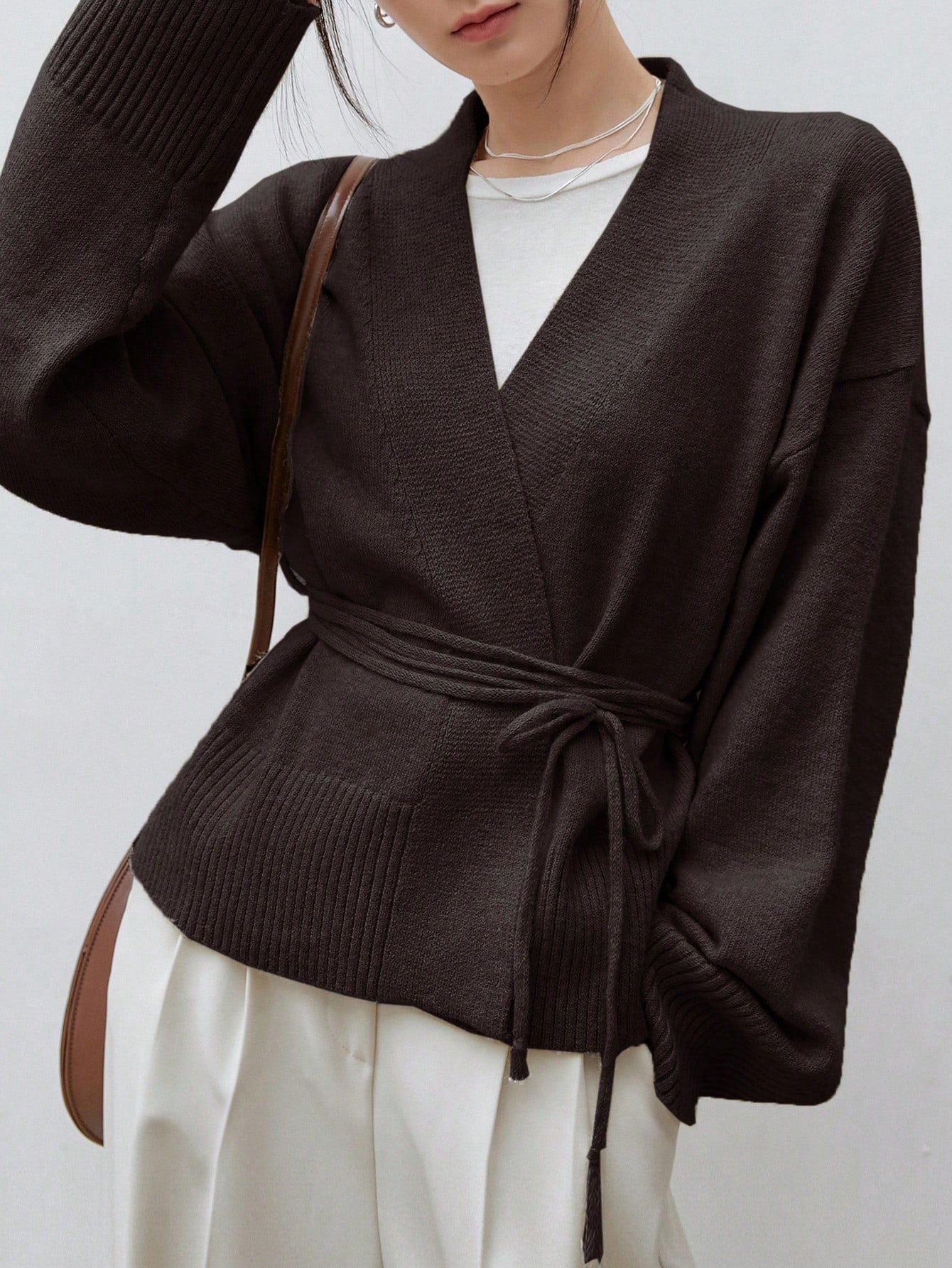 Dazy-Less Drop Shoulder Belted Cardigan,Long Sleeve Tops Old Money Style Business Casual Woman Work Clothes