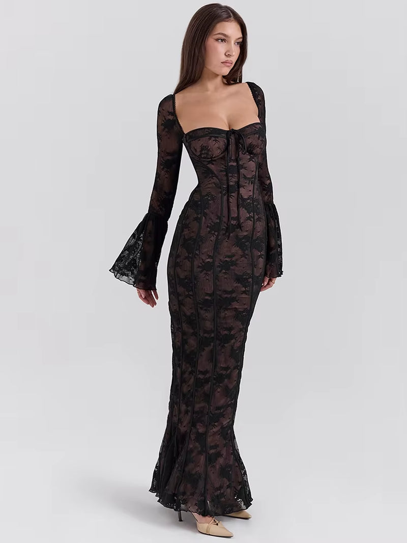 Lace Print Long Flare Sleeve Sexy Maxi Dress for Women Fashion Square Collar Backless Bodycon Club Party Sexy Dress