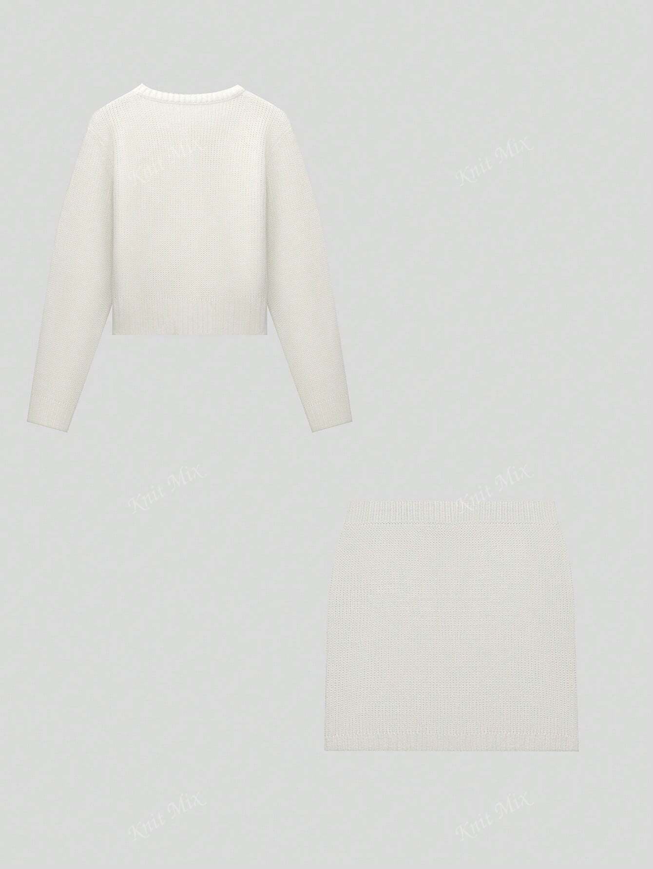 Knit Mix Elegant Women'S Knit Cardigan Set, Versatile Solid Color Long Sleeve Sweater & Half-Length Skirt Two Pieces for Casual Wear