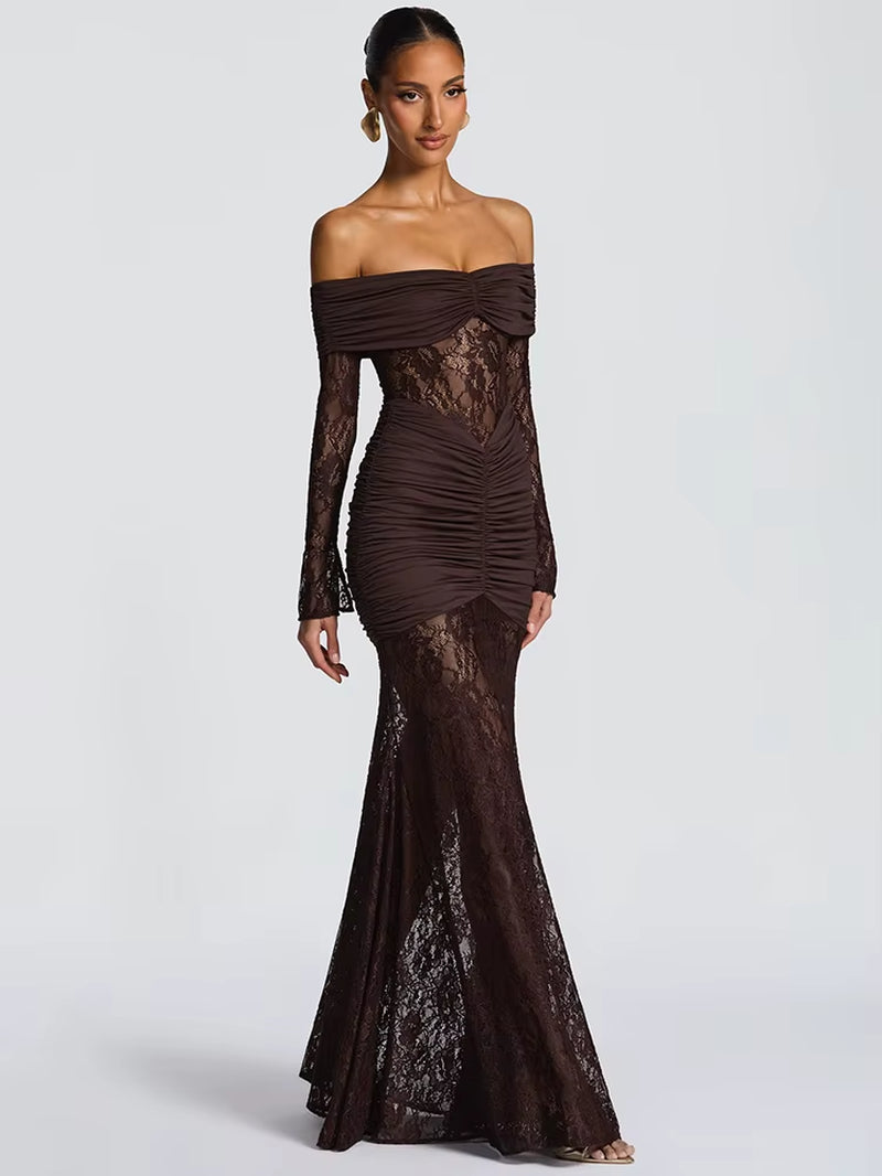 Off-Shoulder Long Sleeve Sexy Maxi Dress Women Fashion Lace See through Strapless Backless Bodycon Club Party Dresses