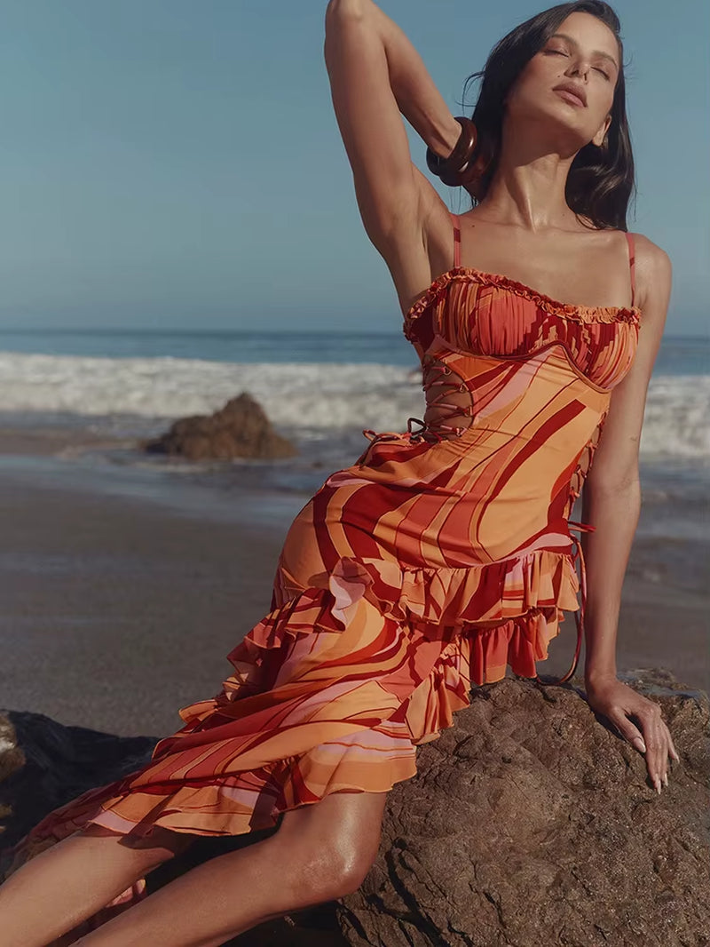 Print Ruffle Cut Out Sexy Maxi Dress Women Fashion Spaghetti Strap Sleeveless Backless Club Party Long Dress Female