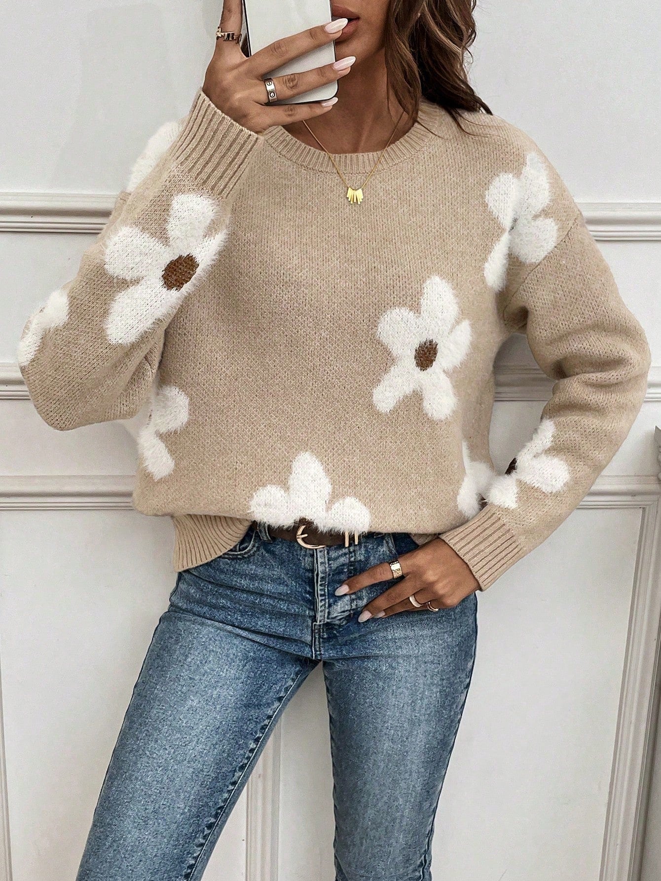 EMERY ROSE Floral Pattern Drop Shoulder Sweater,Long Sleeve Tops Knit Pullover Fall Winter Outfit