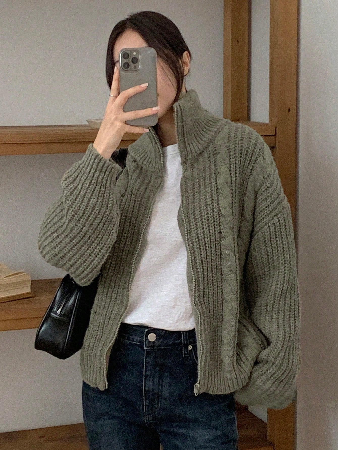 Dazy-Less Drop Shoulder Zipper Front Cardigan,Three Quarter Sleeve Tops Jacket
