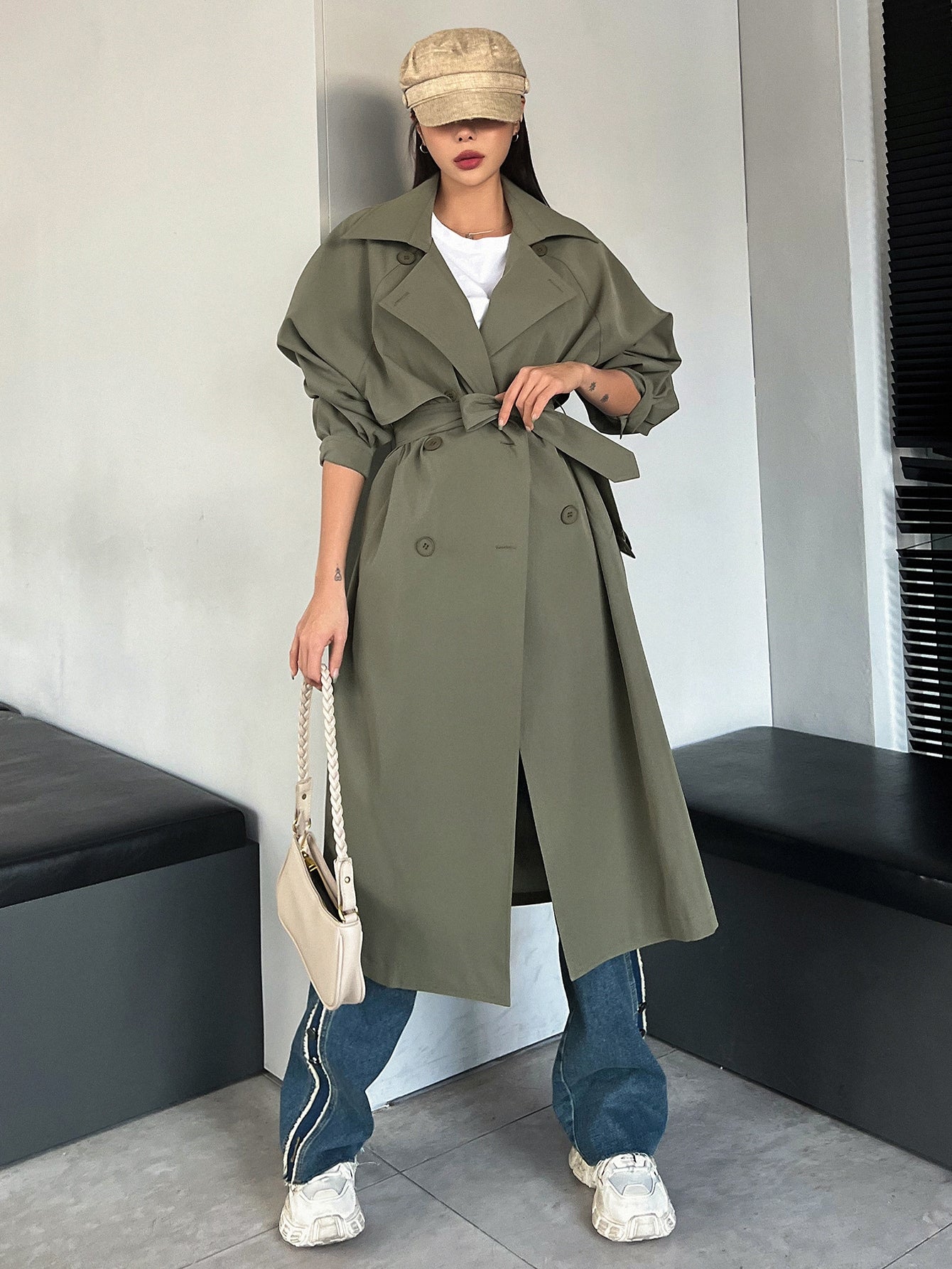 DAZY Raglan Sleeve Double Breasted Trench Coat,Fall Clothes Women Jacket