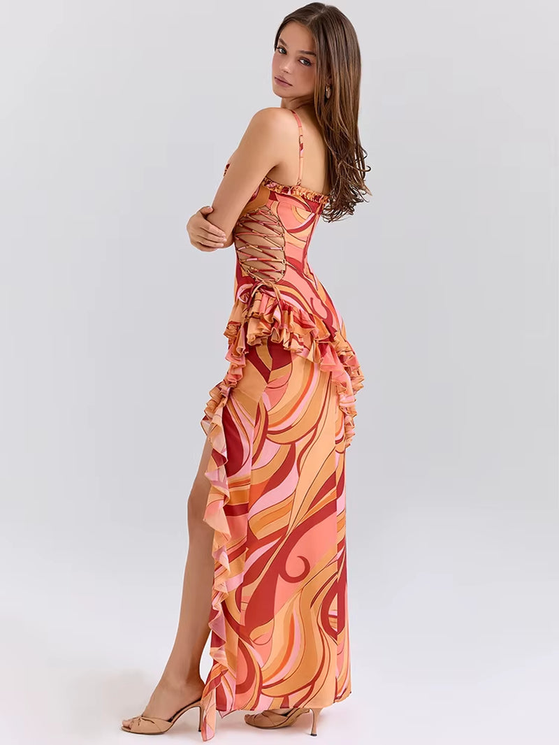 Print Ruffle Cut Out Sexy Maxi Dress Women Fashion Spaghetti Strap Sleeveless Backless Club Party Long Dress Female