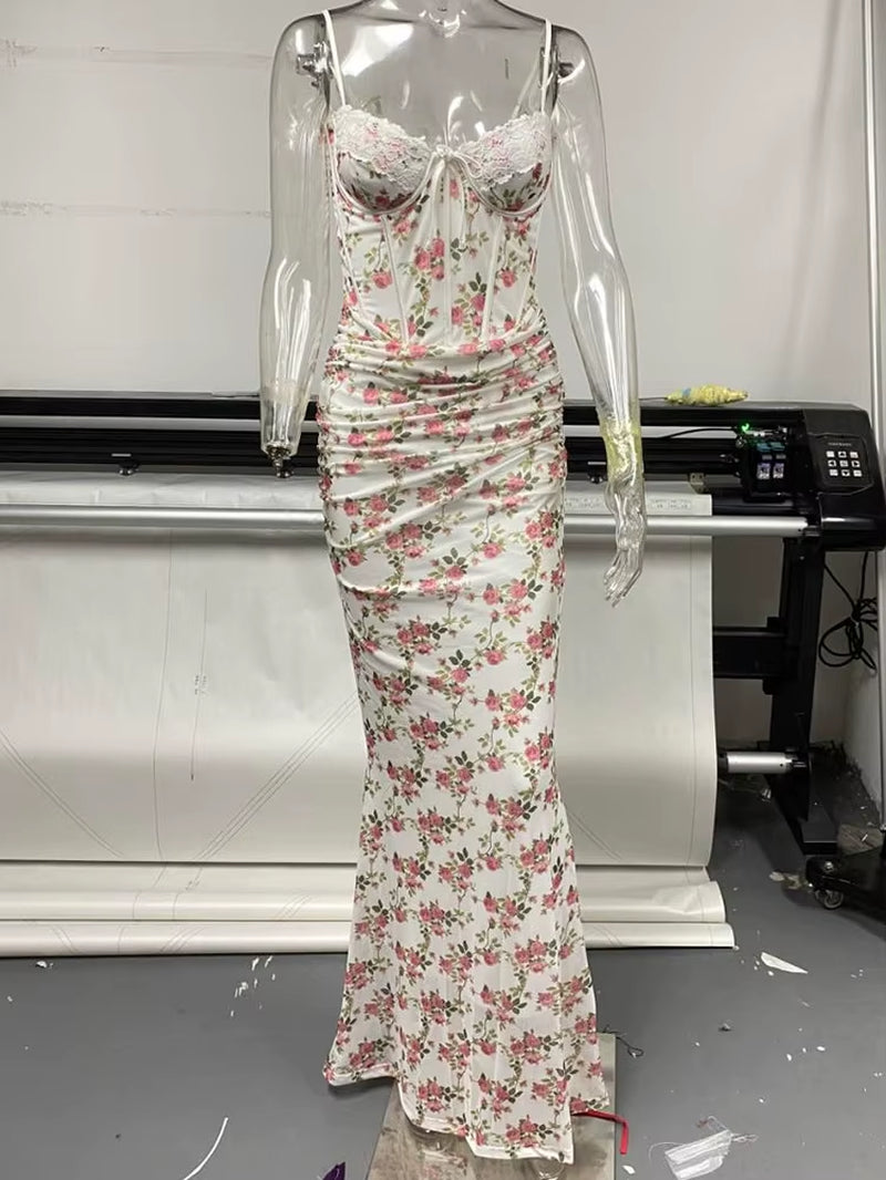 Spaghetti Strap Print Sexy Maxi Dress Women Elegant Off-Shoulder Sleeveless Backless Bodycon Ruched Club Party Dress