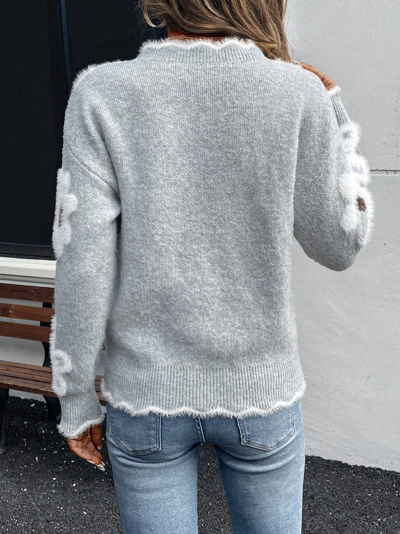 EMERY ROSE Women Elegant Floral Pattern Lace Trim Knit Sweater Knit Pullover Fall Winter Outfit