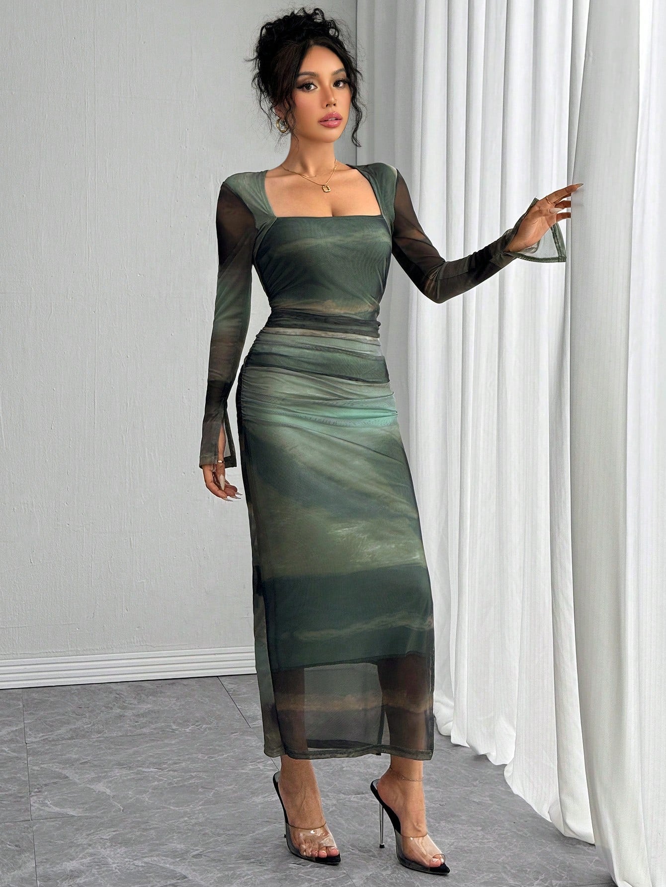Islaluna Long Sleeve, Split Cuff, Drawcord Waist, U-Neck, Mesh Abstract Print Fitted Dress for Women Maxi Women Outfit Fall Cloth for Women
