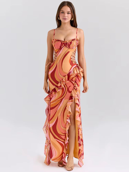 Print Ruffle Cut Out Sexy Maxi Dress Women Fashion Spaghetti Strap Sleeveless Backless Club Party Long Dress Female