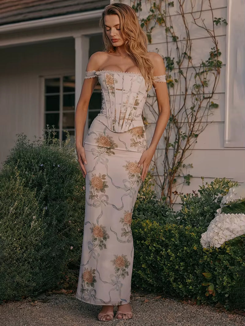 Vintage Print Sexy Maxi Dress Women Gown Summer Off-Shoulder Sleeveless Backless Bodycon Club Party Long Dress Elegant