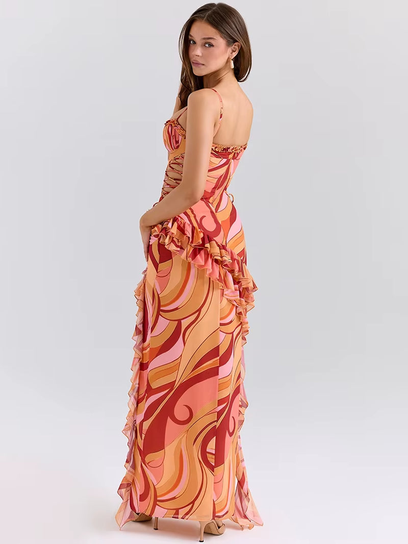 Print Ruffle Cut Out Sexy Maxi Dress Women Fashion Spaghetti Strap Sleeveless Backless Club Party Long Dress Female