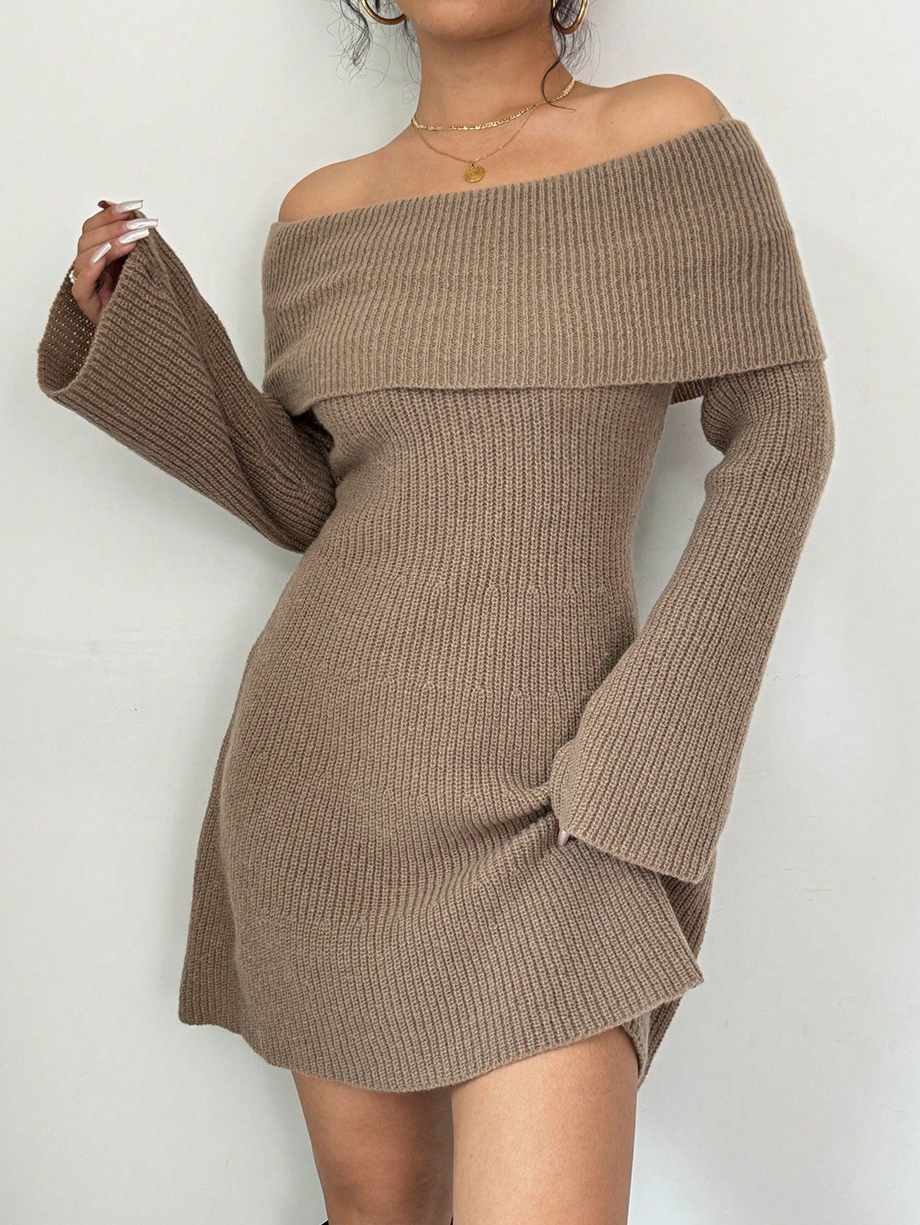 Chiquease Elegant Fitted Off-Shoulder Cinched Waist Knit Warm A-Line Long Sleeve Solid Color Sweater Dress for Women, Autumn/Winter Fall Cloth for Women